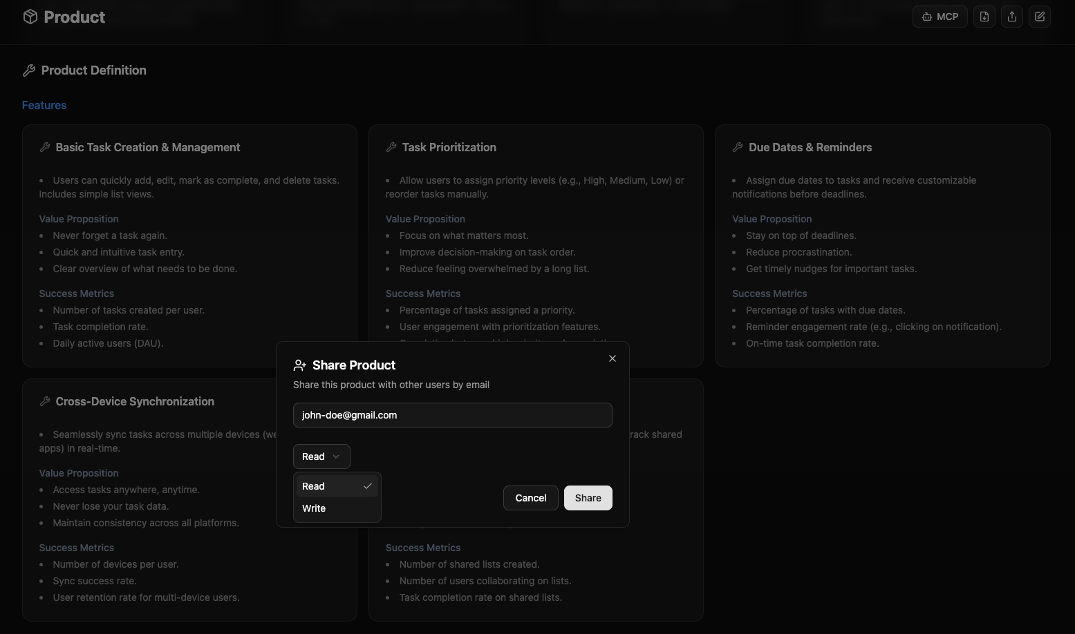 Share Product dialog: share by email with Read or Write permissions