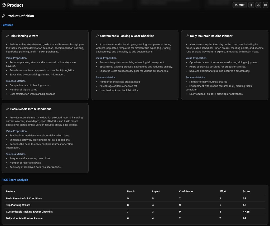 Product definition with features, value propositions, success metrics and RICE score analysis